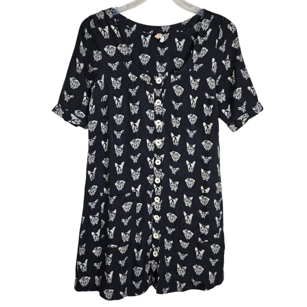 Maeve Anthropologie Cavorting Canines Dog Print Silk Tunic Dress M Black Cream